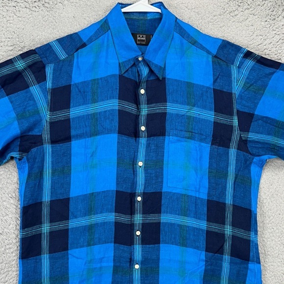 IKE Behar Mens Linen Button Up Shirt Large Blue Plaid Short Sleeve Made In USA